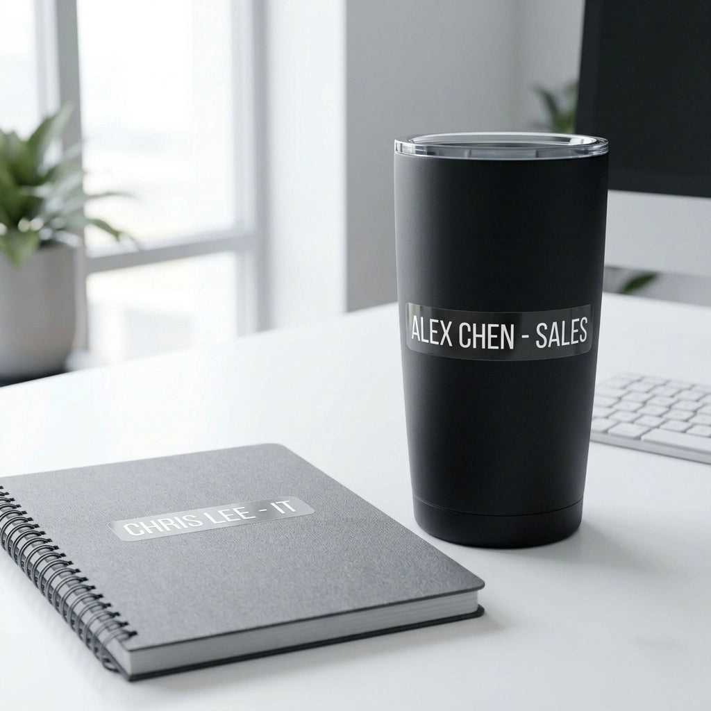 Personalized waterproof vinyl name stickers on a black coffee tumbler and grey notebook, showing 'ALEX CHEN' in a clean modern font for office organization.