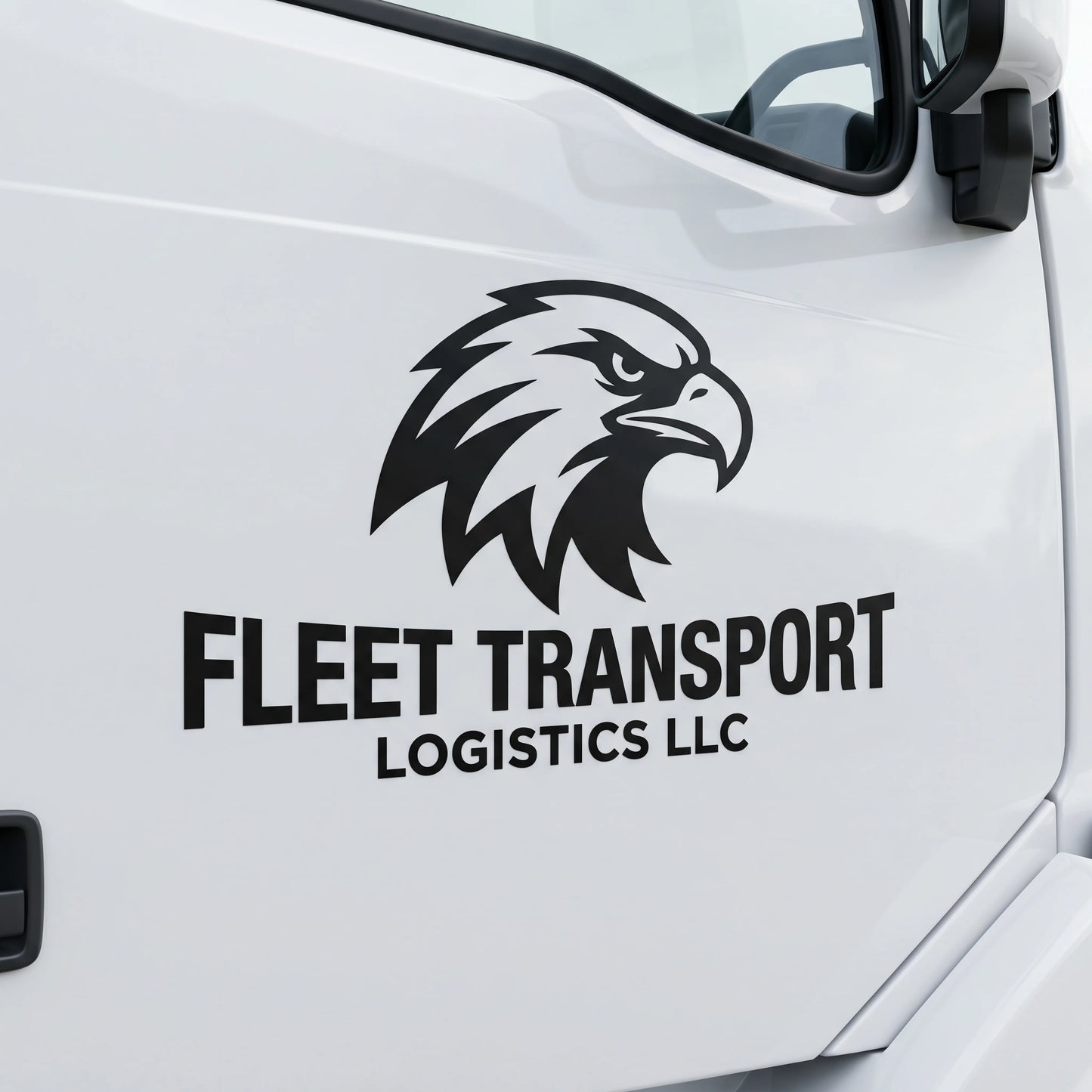 Custom matte black die-cut vinyl decal with personalized text and eagle logo applied to a white truck door, high-quality weather-resistant truck sticker.