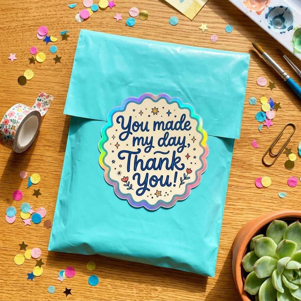 Colorful die-cut holographic thank you stickers with wavy edges on a turquoise mailer, perfect for Etsy sellers and creative brands.