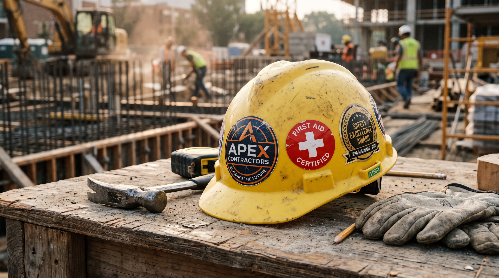Yellow construction hard hat with custom heavy-duty vinyl stickers on a job site