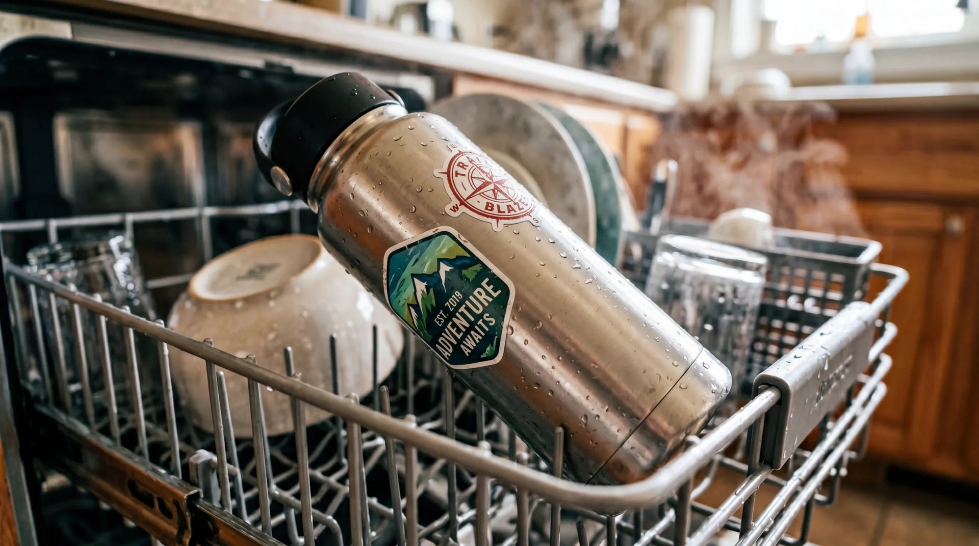 A real-life test showing custom vinyl stickers on a water bottle inside a dishwasher rack after a wash cycle.