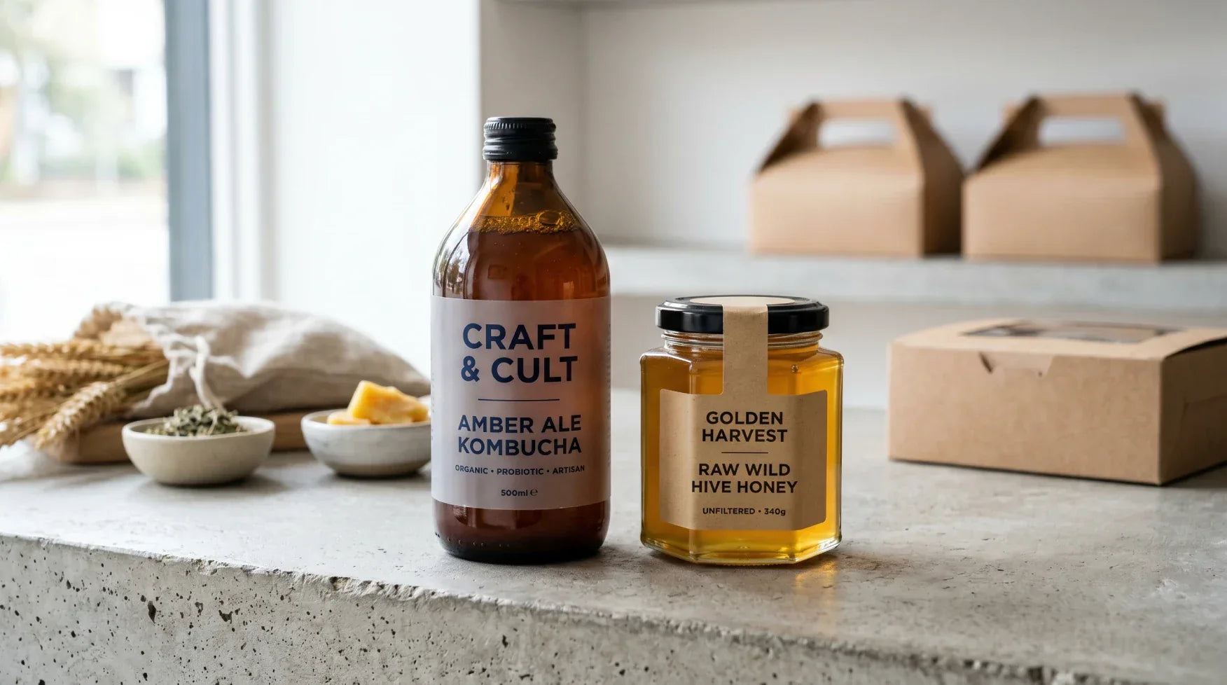 A premium product display of artisan kombucha amber bottles and honey jars styled with minimalist custom matte vinyl labels on a clean local shop counter.