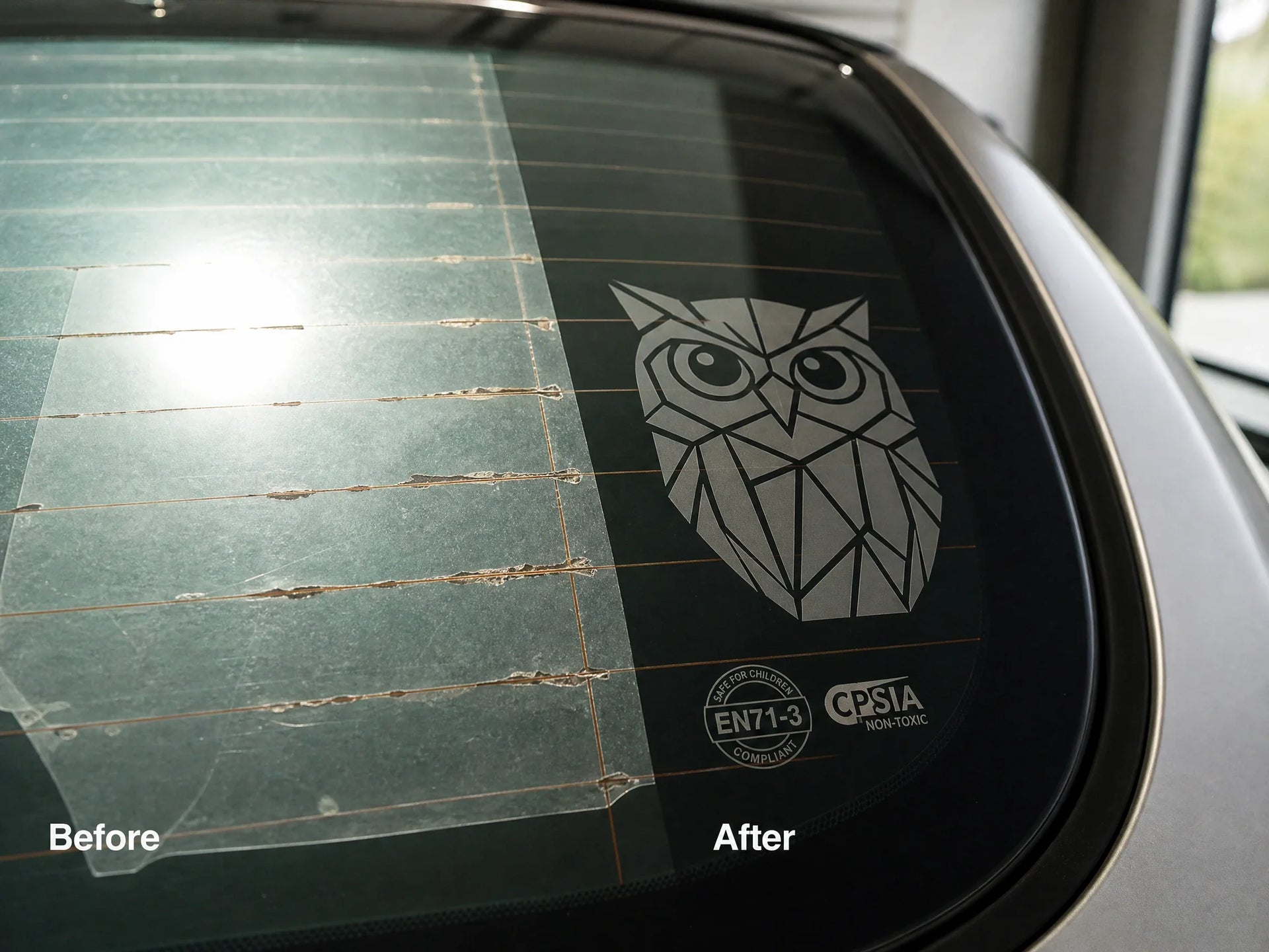 Technical comparison diagram showcasing a cheap clear vinyl sticker damaging rear defroster lines versus a premium die-cut geometric owl decal applied on a car window.