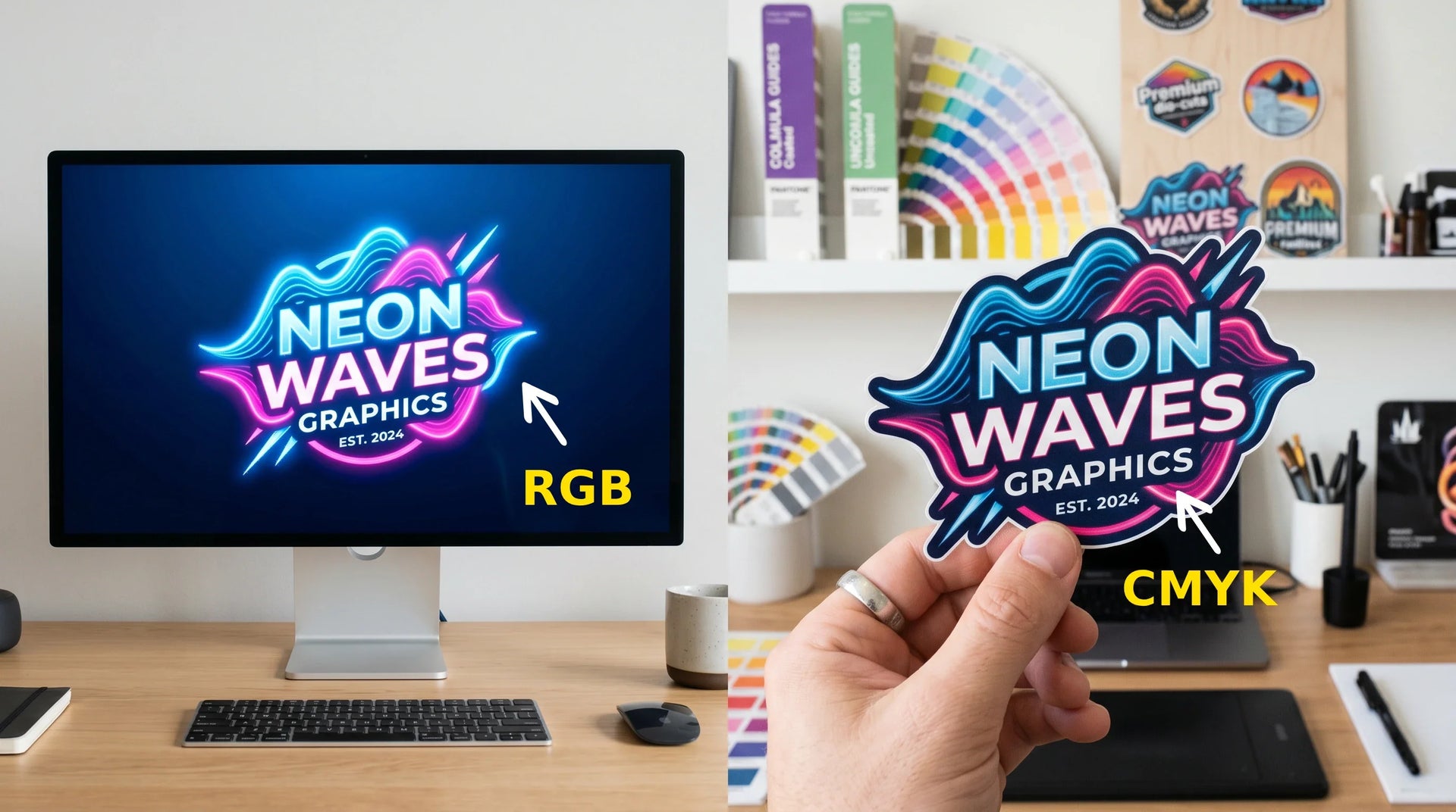 A high-resolution diagram illustrating the color gamut overlap between RGB digital screen lighting and CMYK physical sticker printing ink.