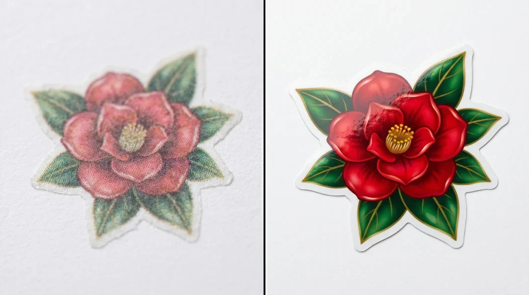 Side-by-side comparison of a low-resolution Cricut sticker vs a high-resolution professional vinyl sticker.