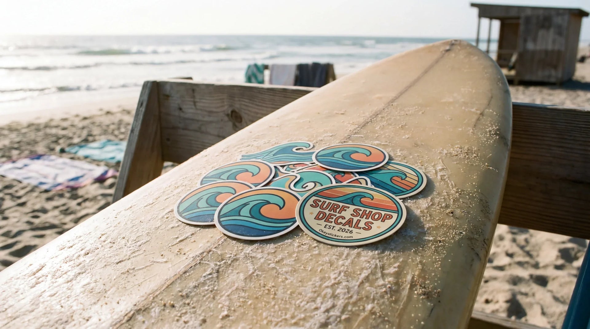 A pack of custom marine-grade vinyl surfboard stickers with retro surf shop designs on a waxed surfboard at the beach