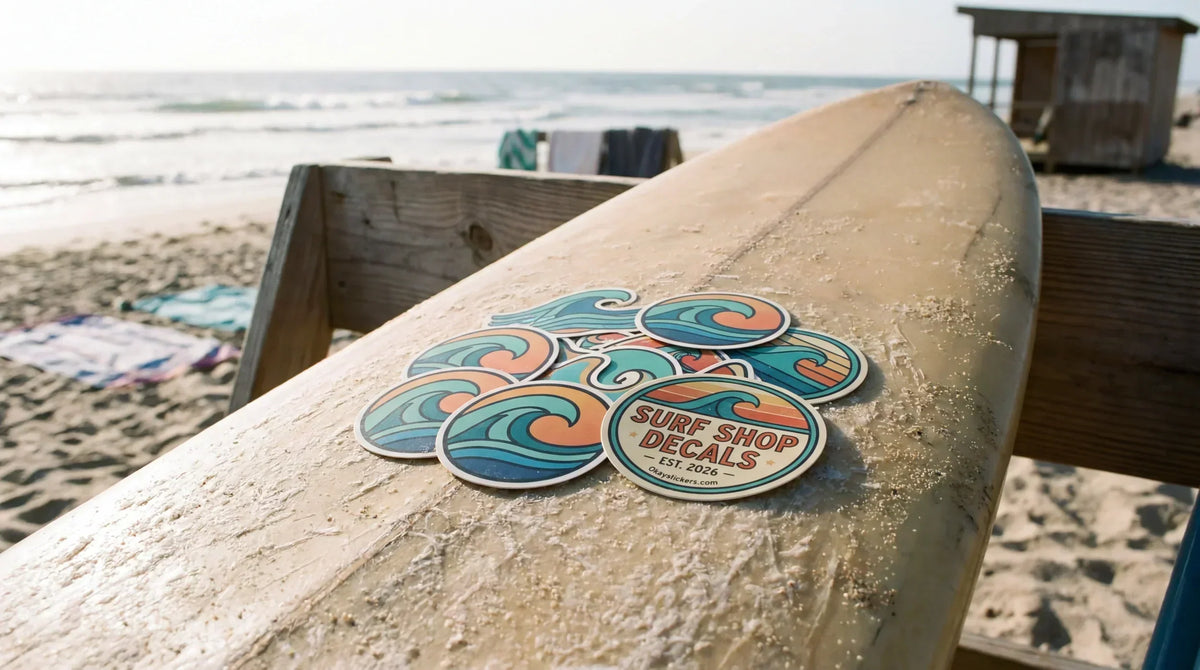 A pack of custom marine-grade vinyl surfboard stickers with retro surf shop designs on a waxed surfboard at the beach