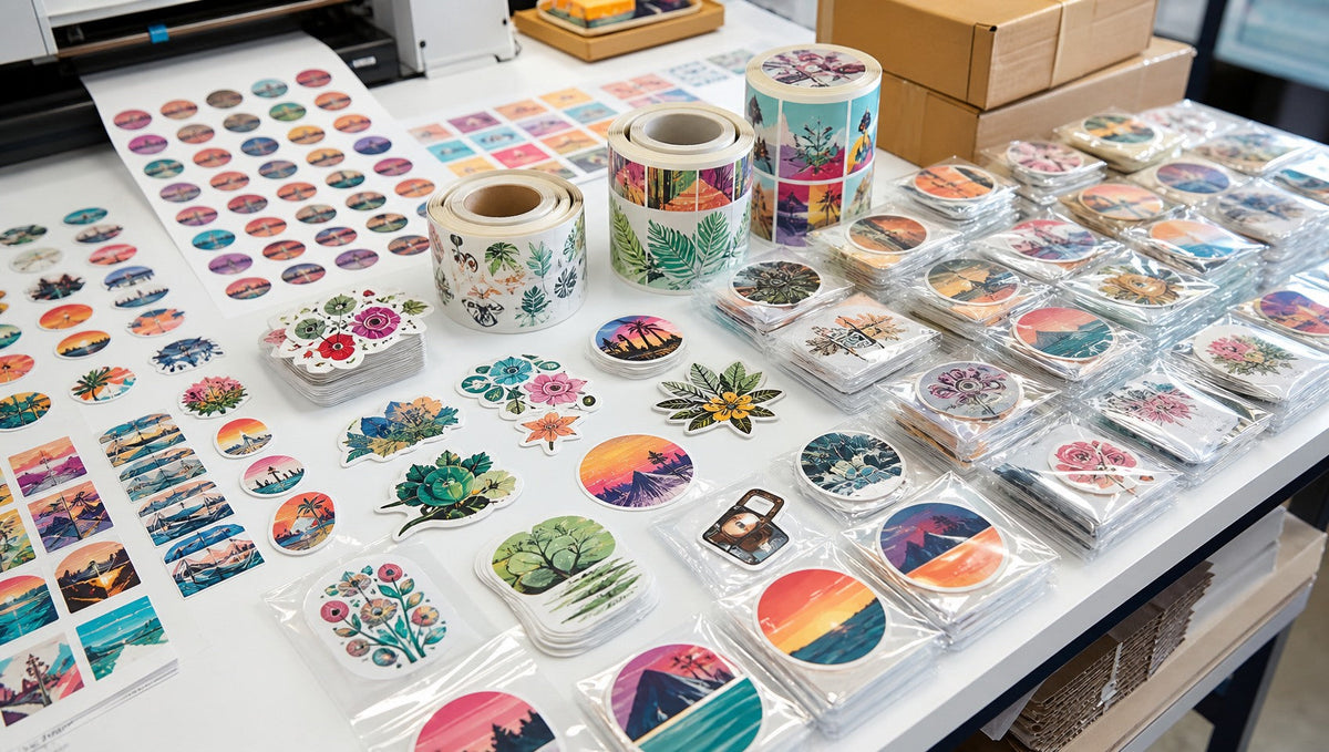Custom sticker pricing guide showing vinyl stickers, packaging labels, and bulk sticker printing options