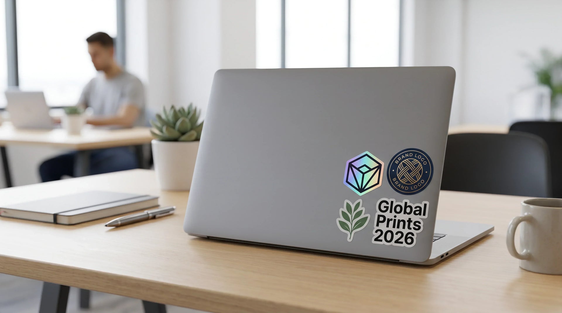 A professional laptop on a modern office desk featuring high-quality custom vinyl stickers, showcasing holographic and die-cut printing effects for global brands in 2026.