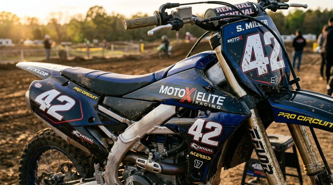Premium custom vinyl decals on dirt bike fairings during golden hour after a motocross race, showing heavy-duty glossy laminate texture.