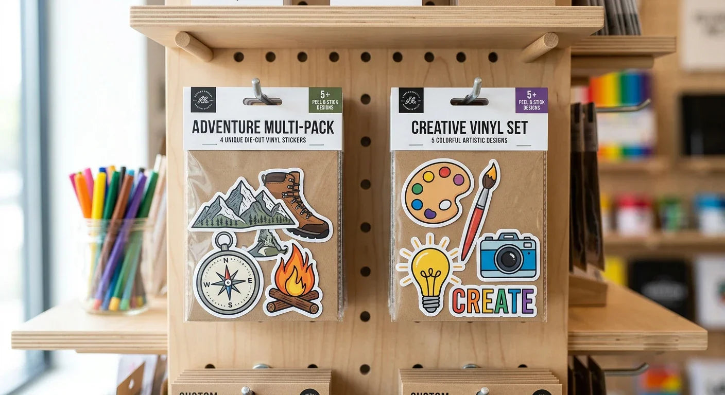 Two professional custom vinyl sticker multi-packs displayed on a retail pegboard, showcasing adventure and creative themes in premium hanging packaging with kraft backer cards.