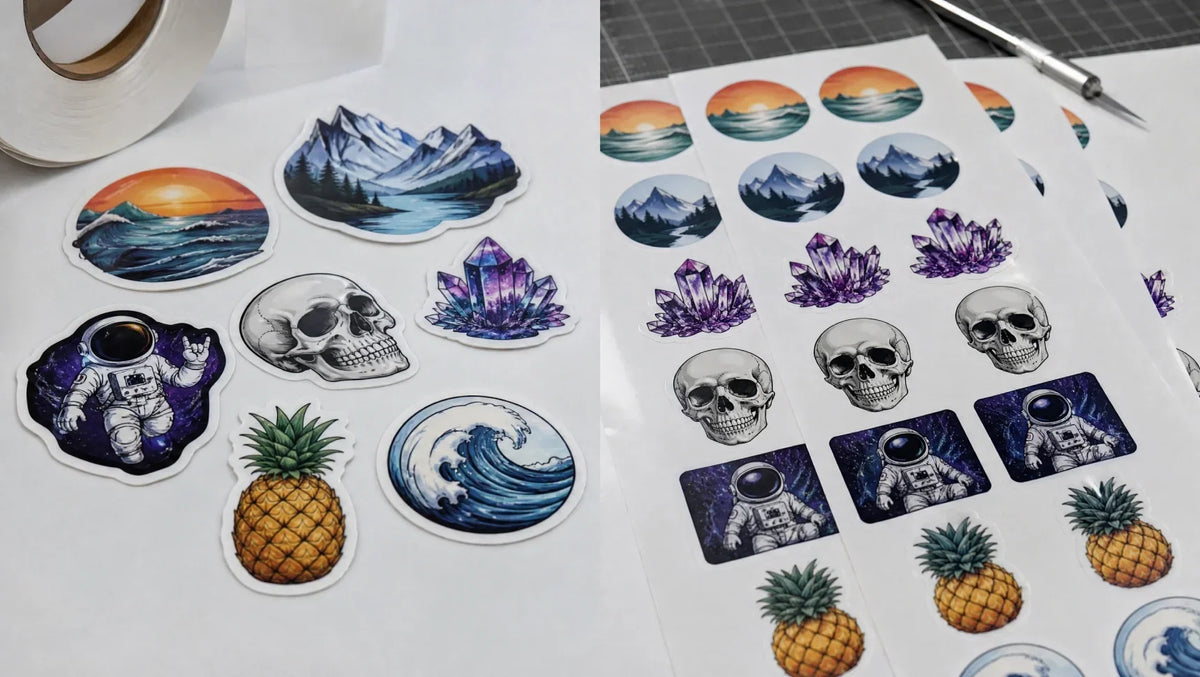 Comparison of die cut stickers and kiss cut sticker sheets showing different custom sticker cutting styles