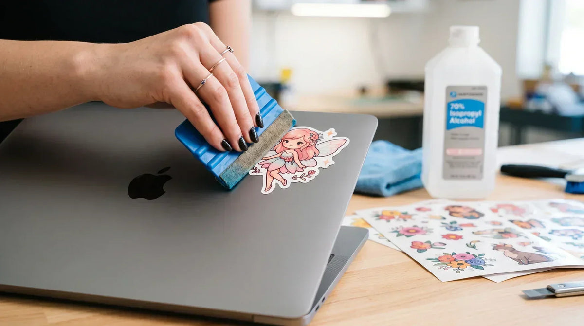 A professional graphic design layout demonstrating a squeegee smoothly applying a custom vinyl sticker without air bubbles onto a clean surface.