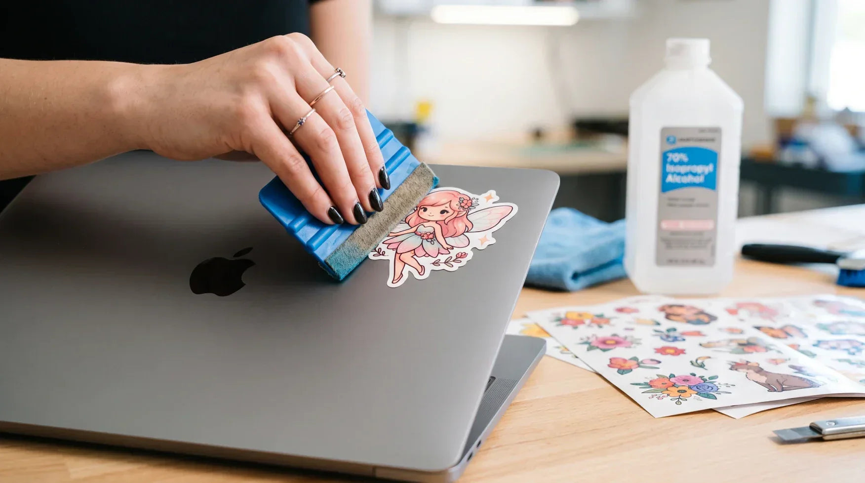A professional graphic design layout demonstrating a squeegee smoothly applying a custom vinyl sticker without air bubbles onto a clean surface.