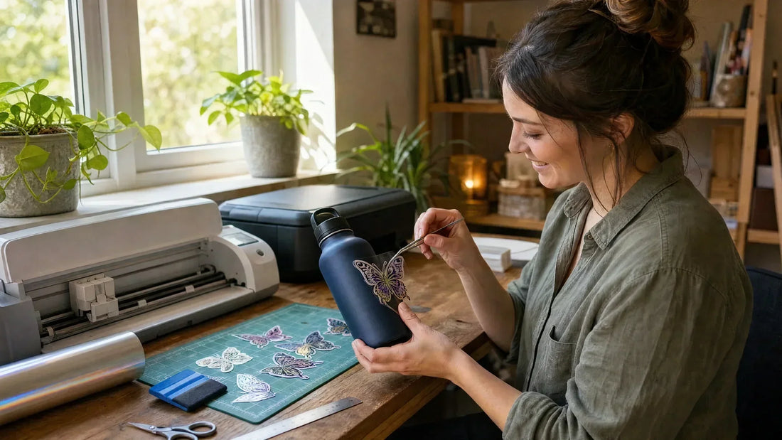 A realistic photograph of a person in a sunlit home studio applying a DIY vinyl butterfly sticker to a navy blue water bottle, with an inkjet printer and craft supplies on a wooden desk.