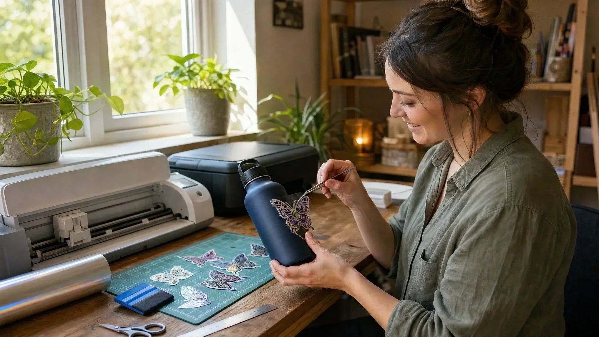 A realistic photograph of a person in a sunlit home studio applying a DIY vinyl butterfly sticker to a navy blue water bottle, with an inkjet printer and craft supplies on a wooden desk.