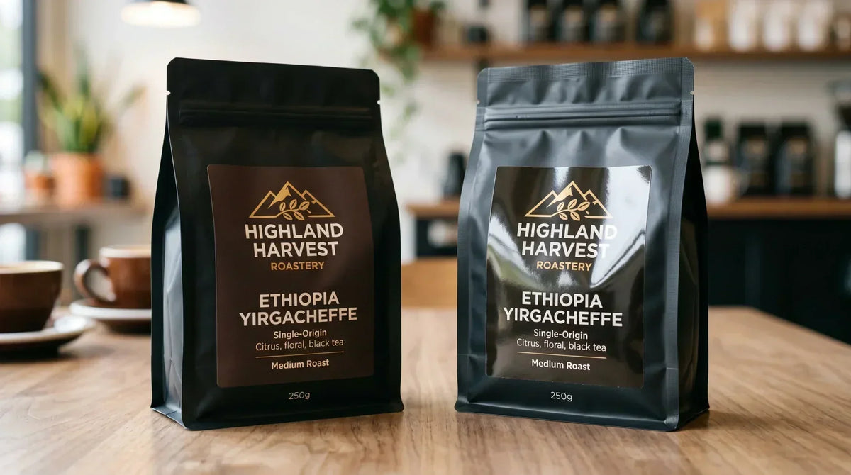 Technical comparison shot of matte and glossy polymeric vinyl stickers on coffee bags, showcasing light diffusion on matte finish vs sharp specular highlights on glossy finish with precision die-cut edges.
