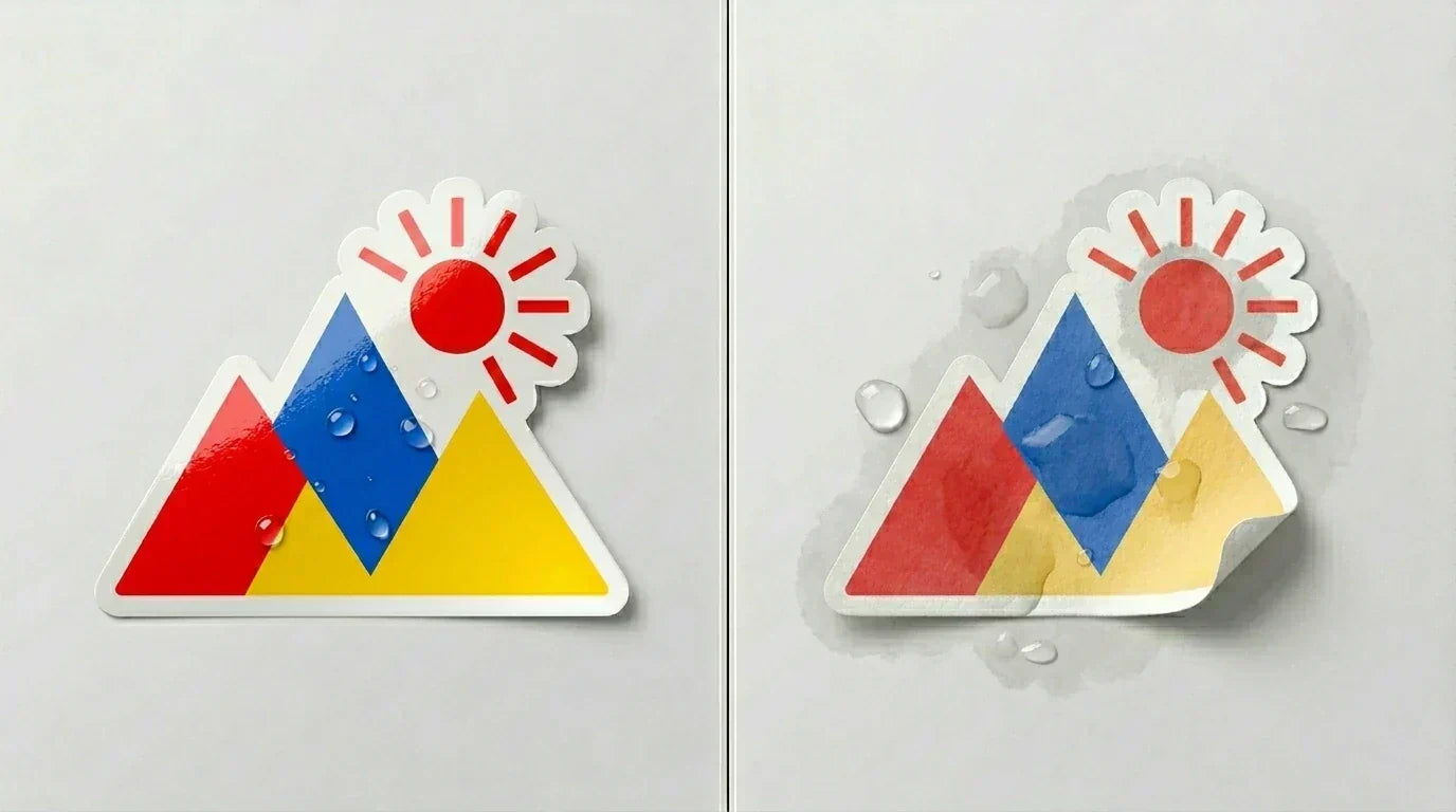 Side by side comparison of matte and glossy vinyl stickers showing surface finish differences