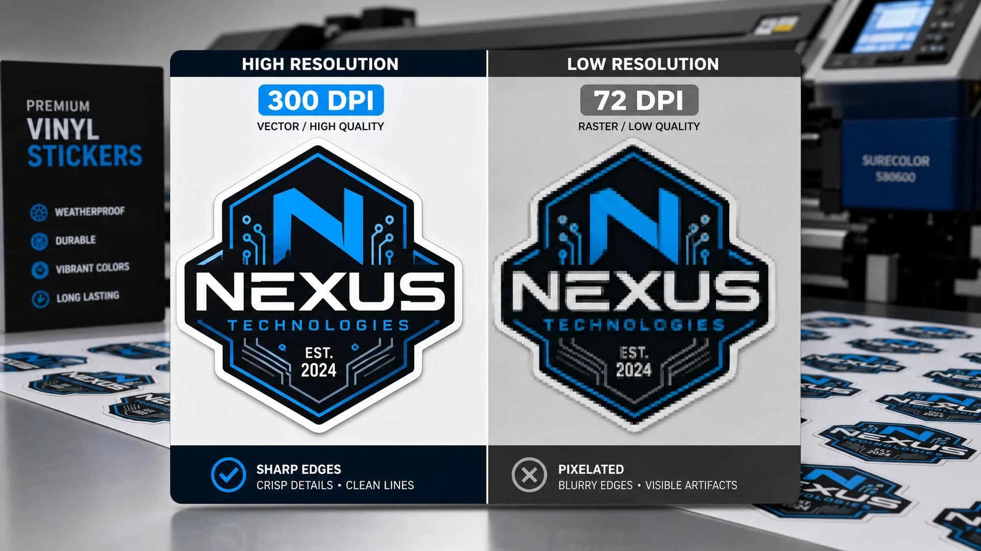 An infographics artwork illustrating the visual difference between a 300 DPI crisp vector sticker design and a low resolution pixelated image at print size.