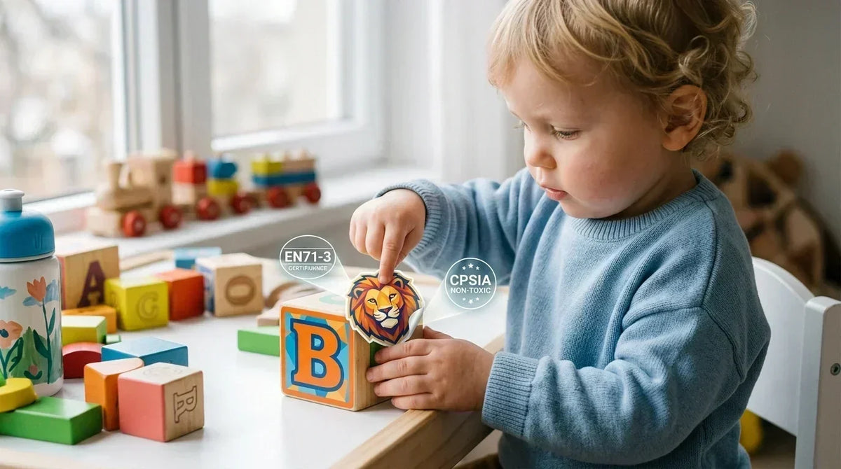 Candid photograph of a toddler picking at a geometric lion sticker on a wooden ABC toy block, illustrating children sticker safety.