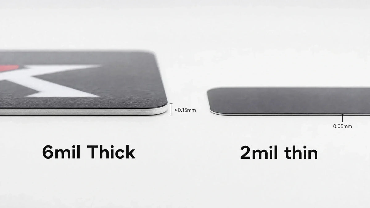 Premium vinyl sticker material thickness contrast 2 mil vs 6 mil.