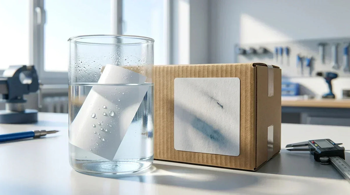 A technical durability test comparing vinyl and paper stickers: a waterproof vinyl label remains intact in a water beaker while a paper label on a cardboard box shows moisture absorption and ink bleeding under natural light.