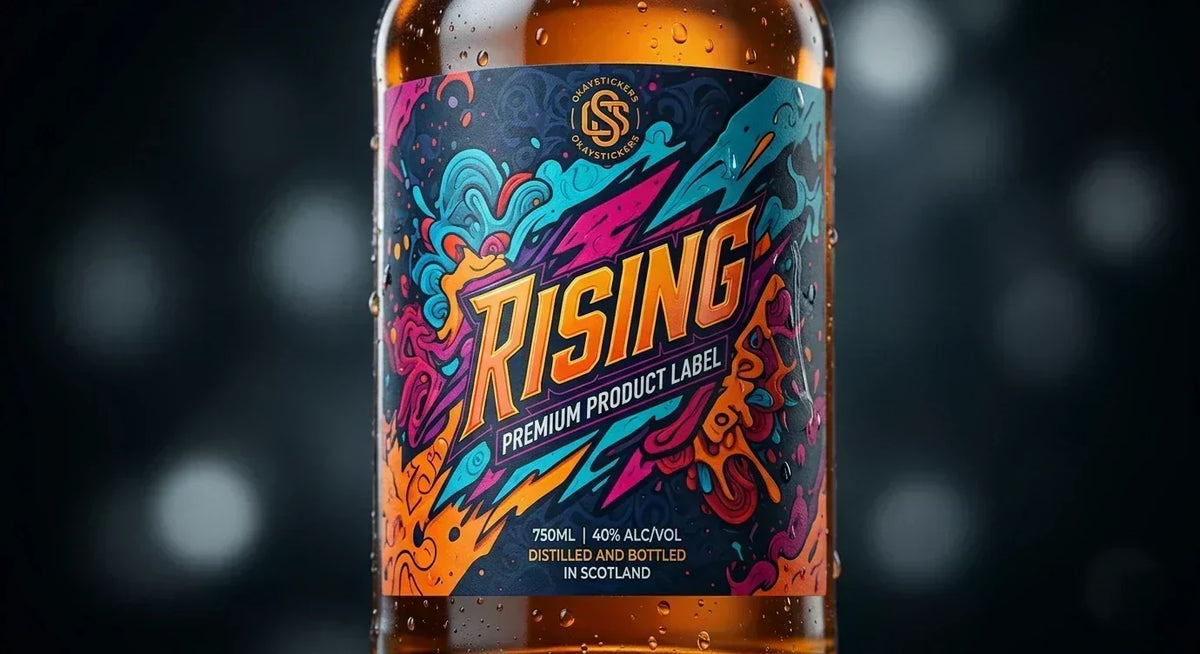 Custom waterproof product label on a premium glass bottle with condensation.