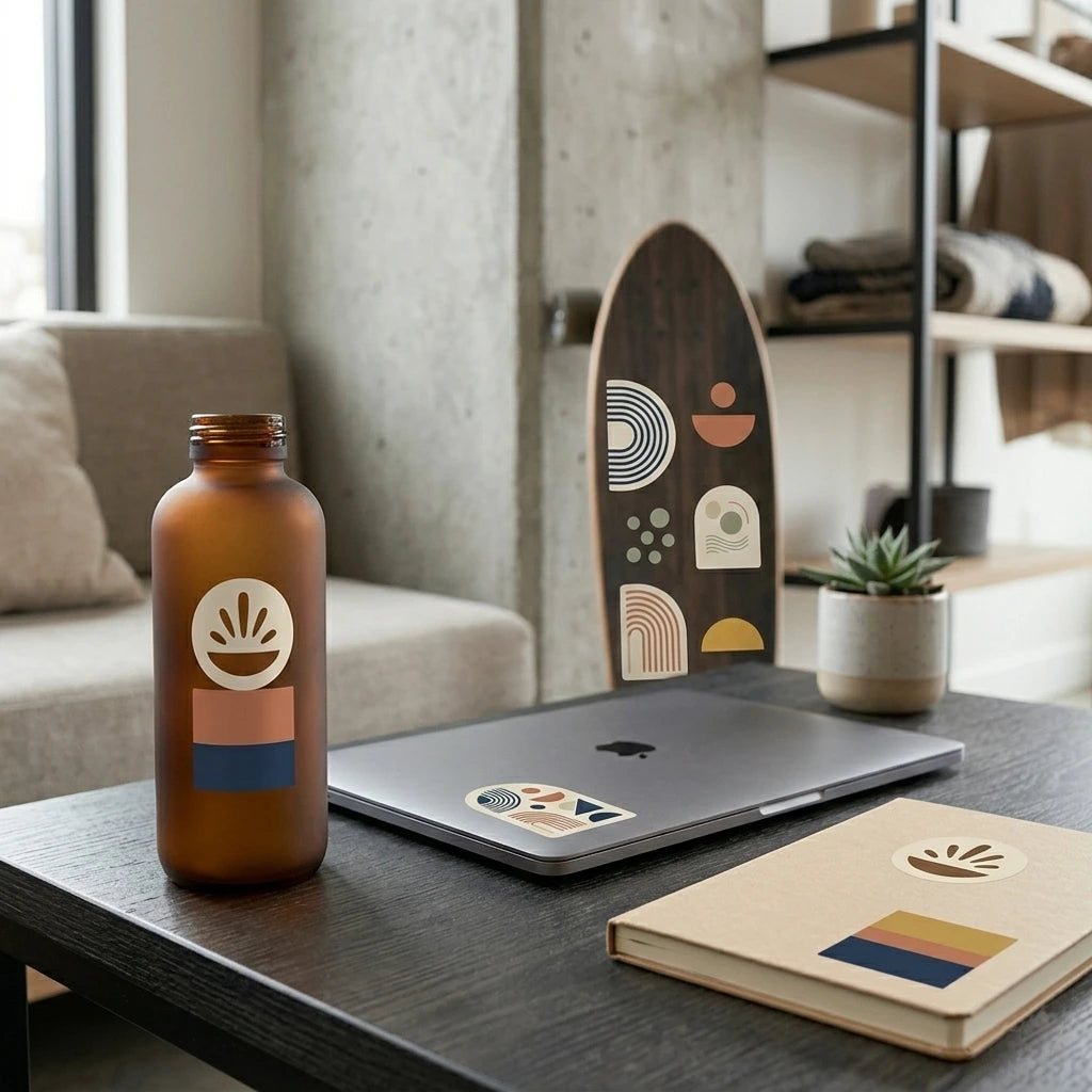 a lifestyle scene showing branded merchandise stickers.