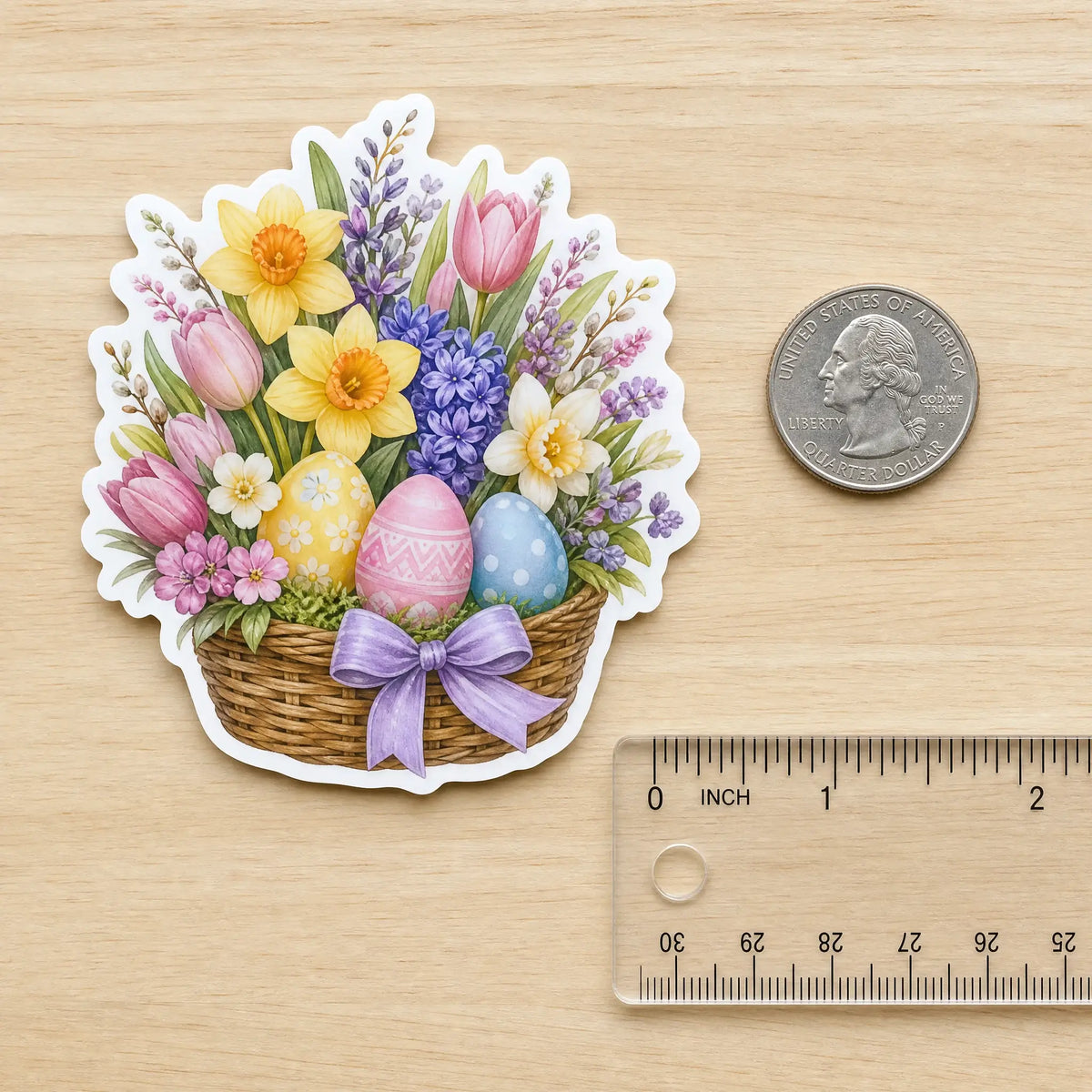2.5-inch floral Easter basket custom vinyl sticker size reference with US quarter coin and ruler