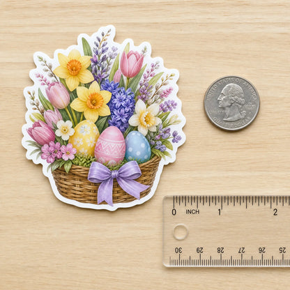 2.5-inch floral Easter basket custom vinyl sticker size reference with US quarter coin and ruler
