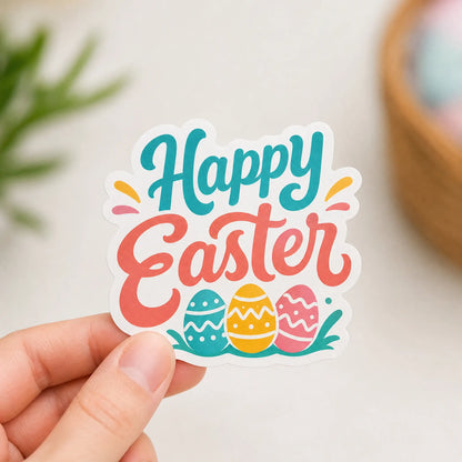Hand holding a 2.5-inch custom die-cut Happy Easter vinyl sticker with colorful eggs