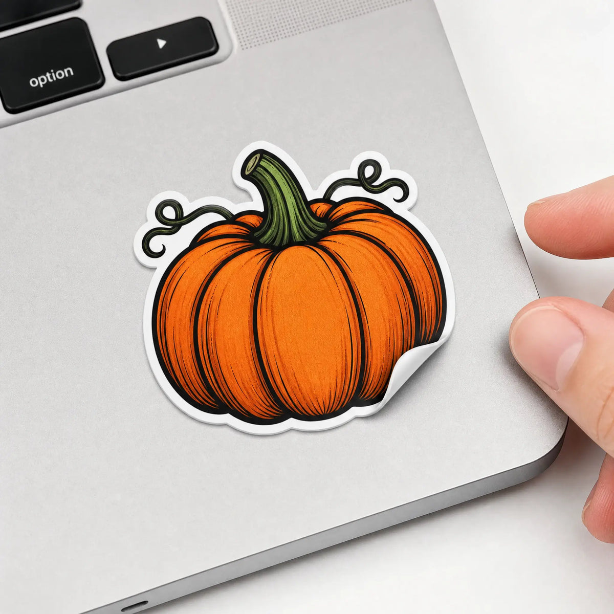 Custom die-cut pumpkin vinyl sticker applied on laptop corner with peeled edge detail