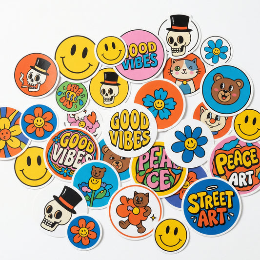 A collection of colorful round cartoon stickers featuring smiley faces, flowers, animals, skulls, and positive phrases like “Good Vibes” and “Peace.”