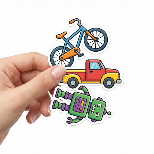 A hand holding three cartoon stickers featuring a blue bicycle, a red pickup truck, and a green robot, with a clean white background.