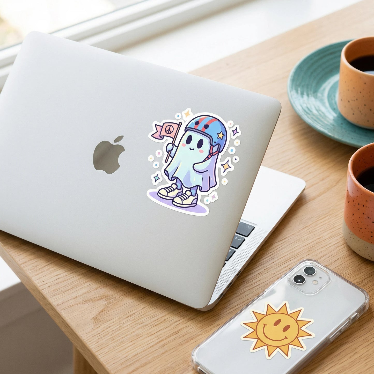 A MacBook sits on a wooden tabletop, its casing adorned with a cute ghost skateboard sticker. Next to it are a coffee cup and a phone with a sun-patterned sticker, creating a warm and inviting lifestyle scene, Okaystickers