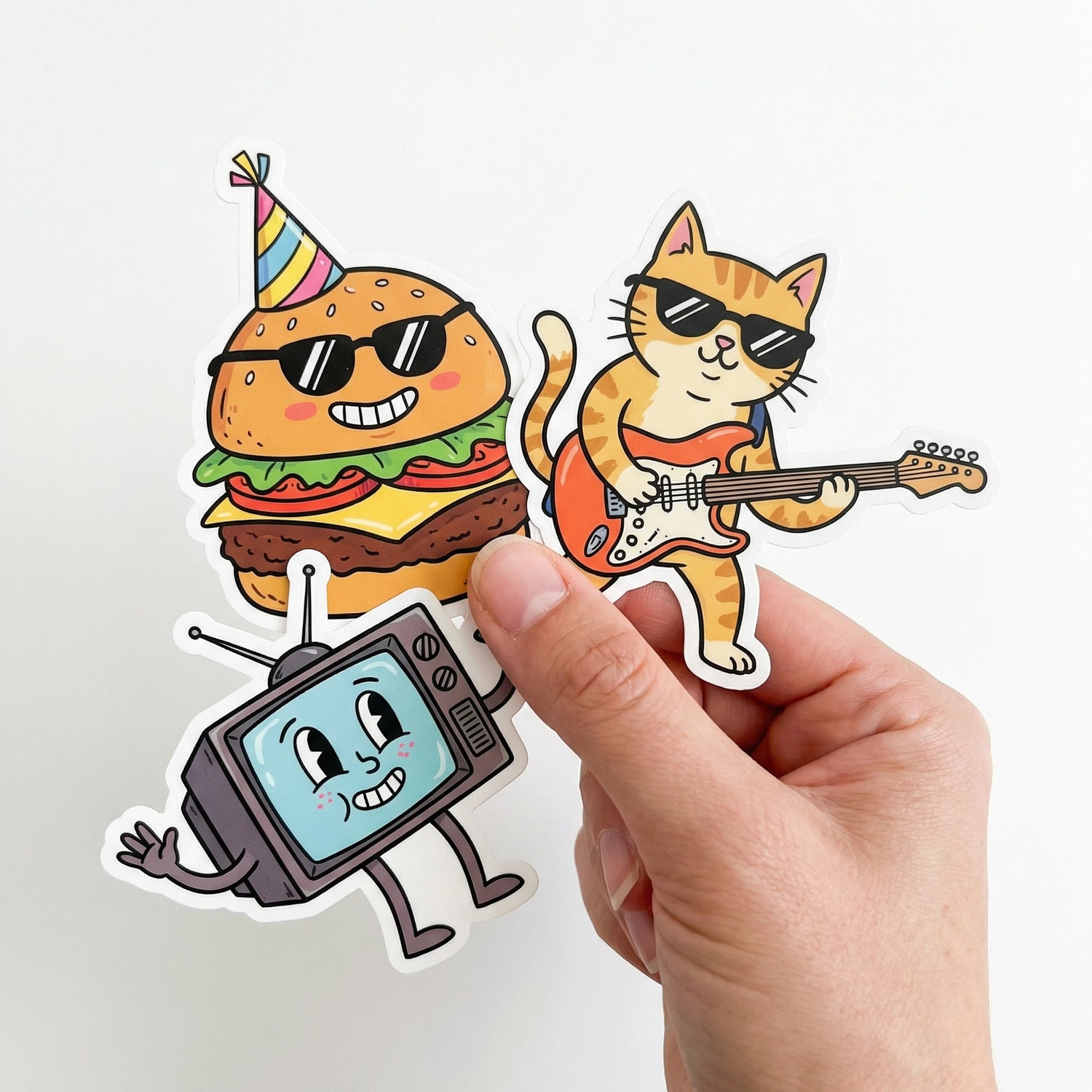 A hand holding three cute cartoon stickers: a cool hamburger wearing sunglasses, an orange cat playing electric guitar, and a smiling retro TV character, Okaystickers