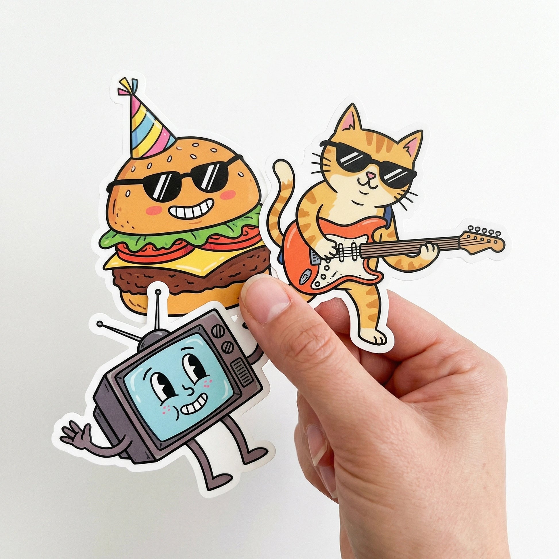 A hand holding three cute cartoon stickers: a cool hamburger wearing sunglasses, an orange cat playing electric guitar, and a smiling retro TV character, Okaystickers
