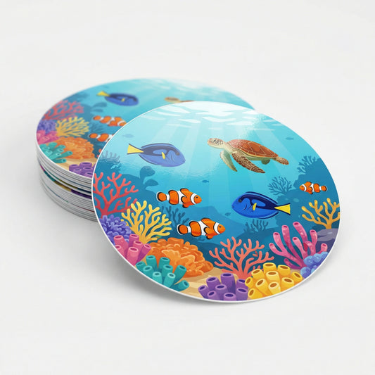 A stack of round ocean-themed stickers featuring tropical fish, a sea turtle, and colorful coral reef illustrations.