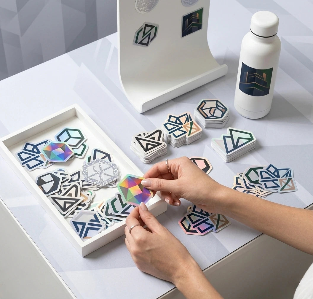 a commercial marketing scene showing custom stickers used at an event booth
