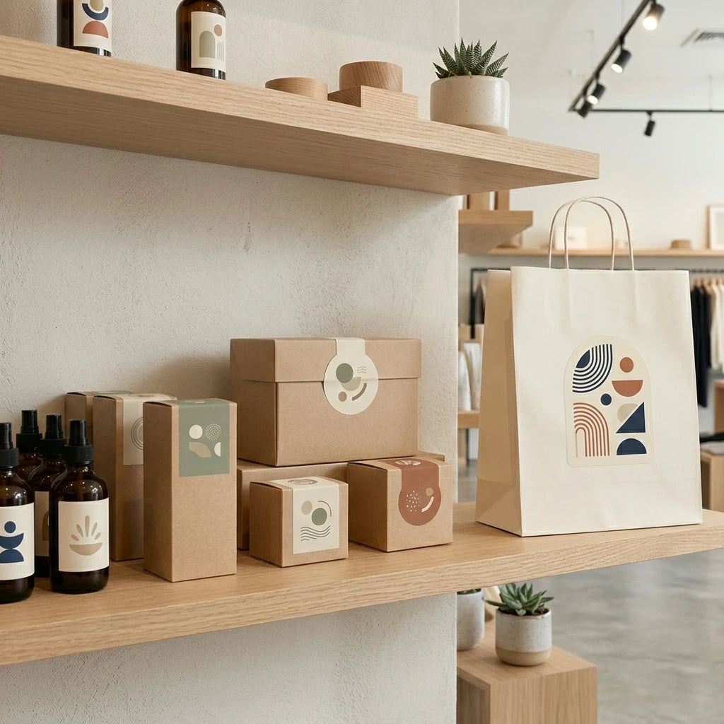 a retail store branding scene using custom stickers.