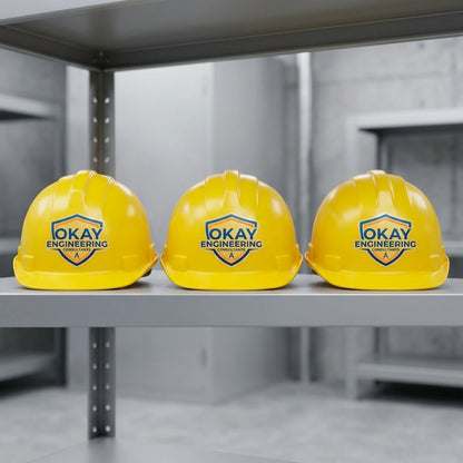 Bulk order of personalized vinyl company logo stickers on yellow safety helmets for professional engineering crews