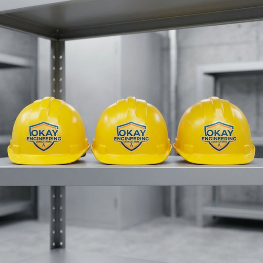 Bulk order of personalized vinyl company logo stickers on yellow safety helmets for professional engineering crews