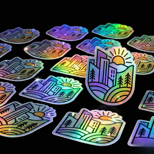 City skyline holographic stickers with mountain and sunrise rainbow reflective vinyl design