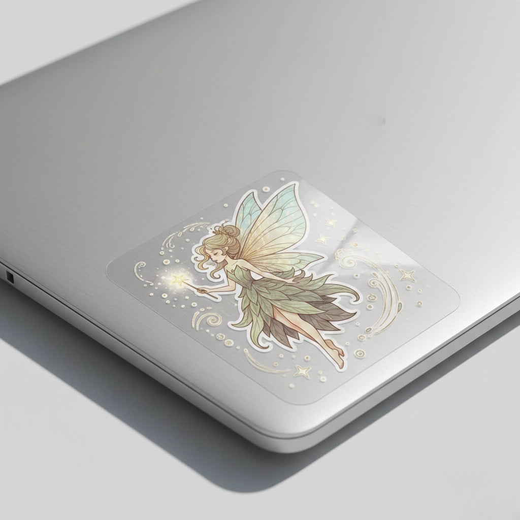 Ultra clear die cut fairy girl vinyl sticker applied on silver laptop corner, seamless transparent edges with printed-on effect and soft natural lighting