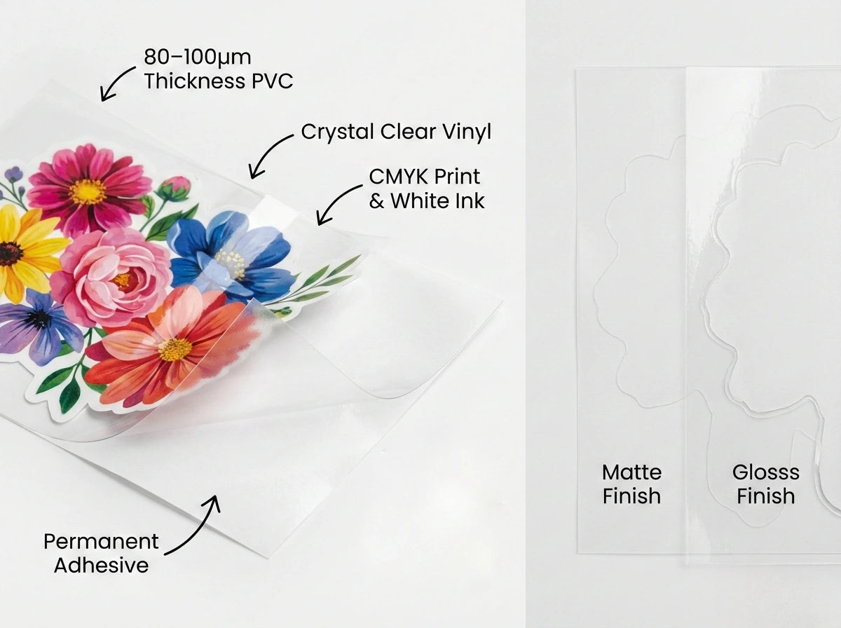 Clear PVC vinyl sticker material specification chart showing 80–100 micron thickness, crystal clear vinyl layers, CMYK and white ink printing, permanent adhesive backing, matte and gloss finish comparison