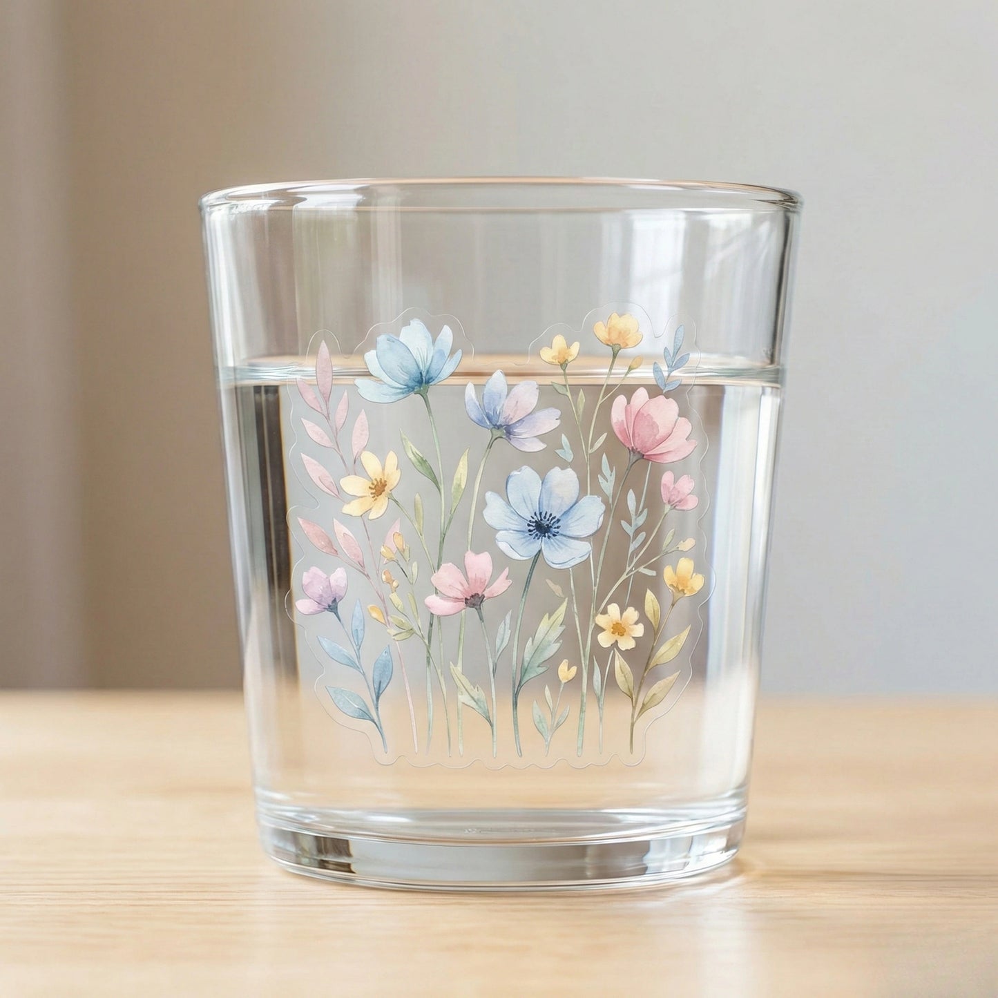 Clear transparent floral sticker applied on glass of water, soft pastel wildflower design with realistic light transmission and seamless transparent edges