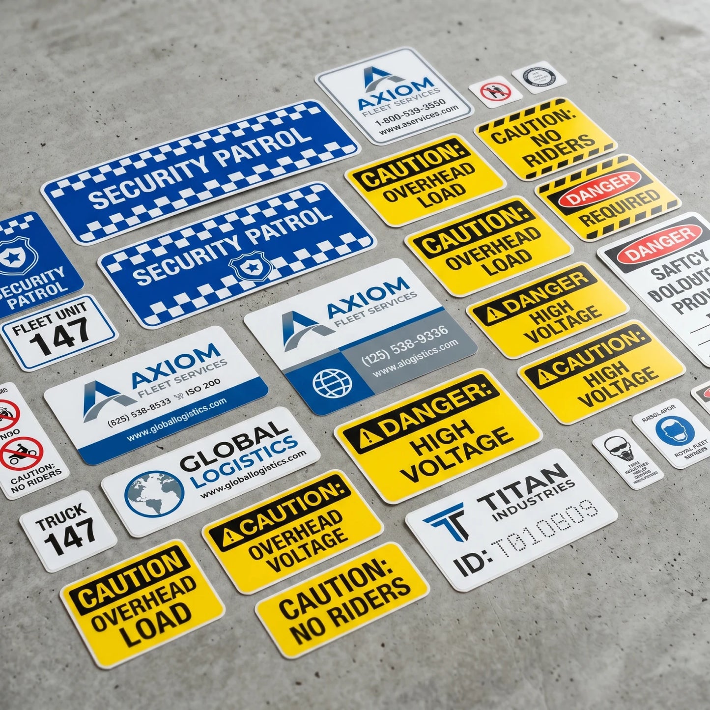 A collection of custom vinyl stickers for vehicle fleets and industrial use, including security patrol magnetic signs, caution overhead load decals, danger high voltage warnings, and company logo labels displayed on a grey concrete background.