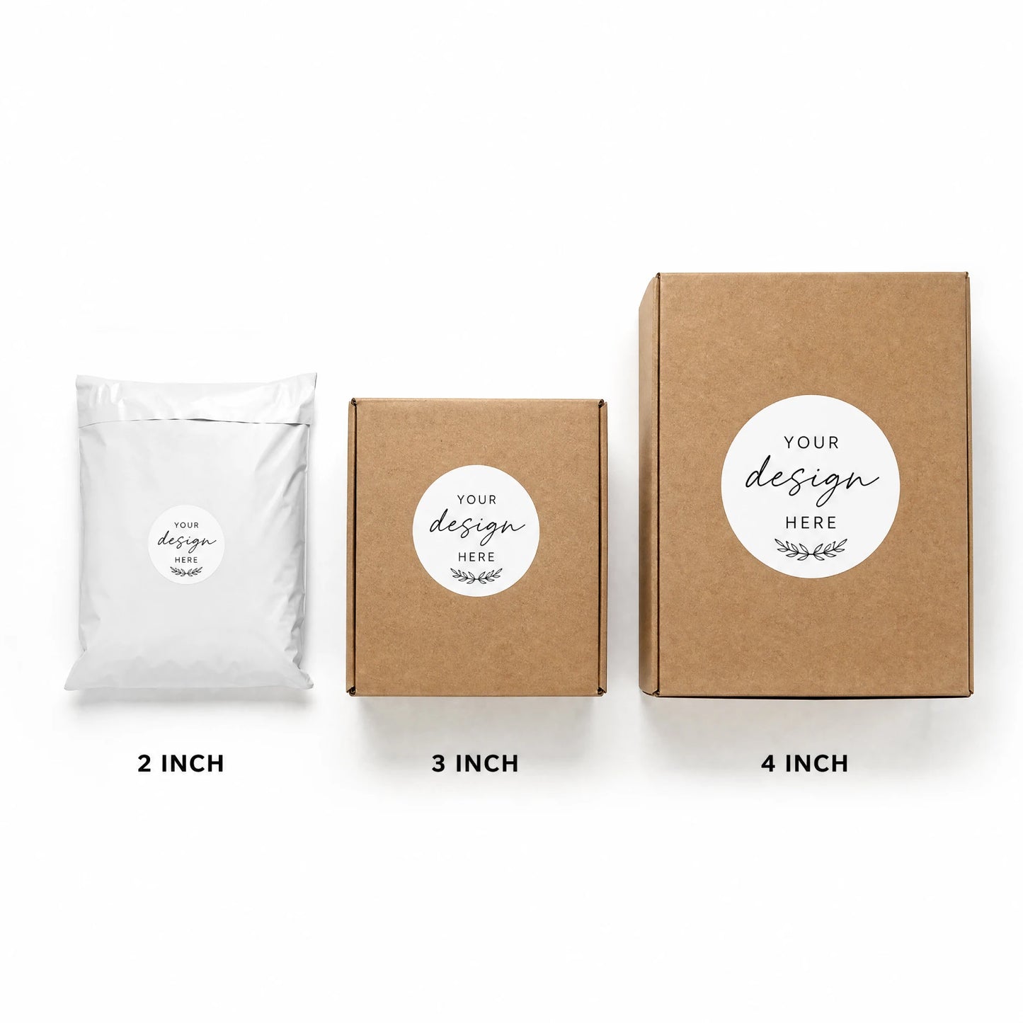 Size comparison guide showing custom box stickers applied on different sized shipping boxes