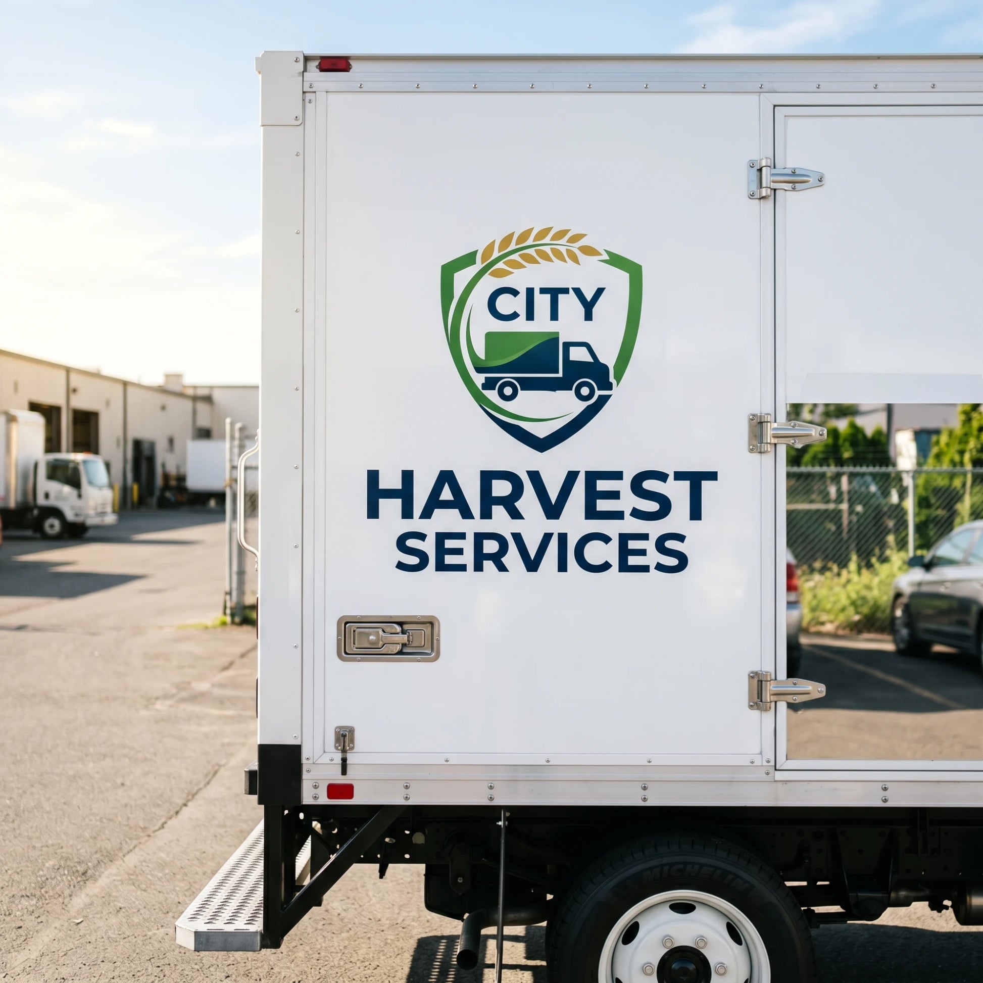 Large custom vinyl truck decal applied on the back door of a white commercial box truck, displaying the green and blue "CITY HARVEST SERVICES" logo for fleet branding.