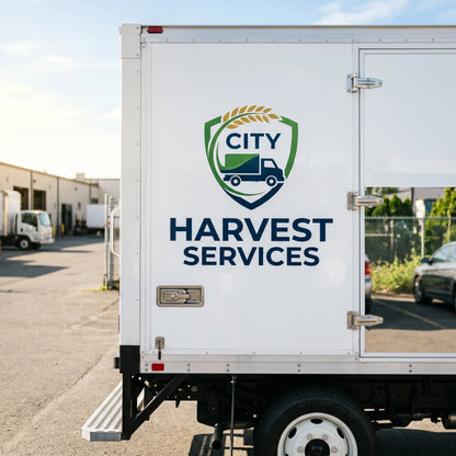 Large custom vinyl truck decal applied on the back door of a white commercial box truck, displaying the green and blue "CITY HARVEST SERVICES" logo for fleet branding.